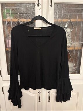 Newbury Kustom Black V-Neck Top with Layered Ruffle Sleeves